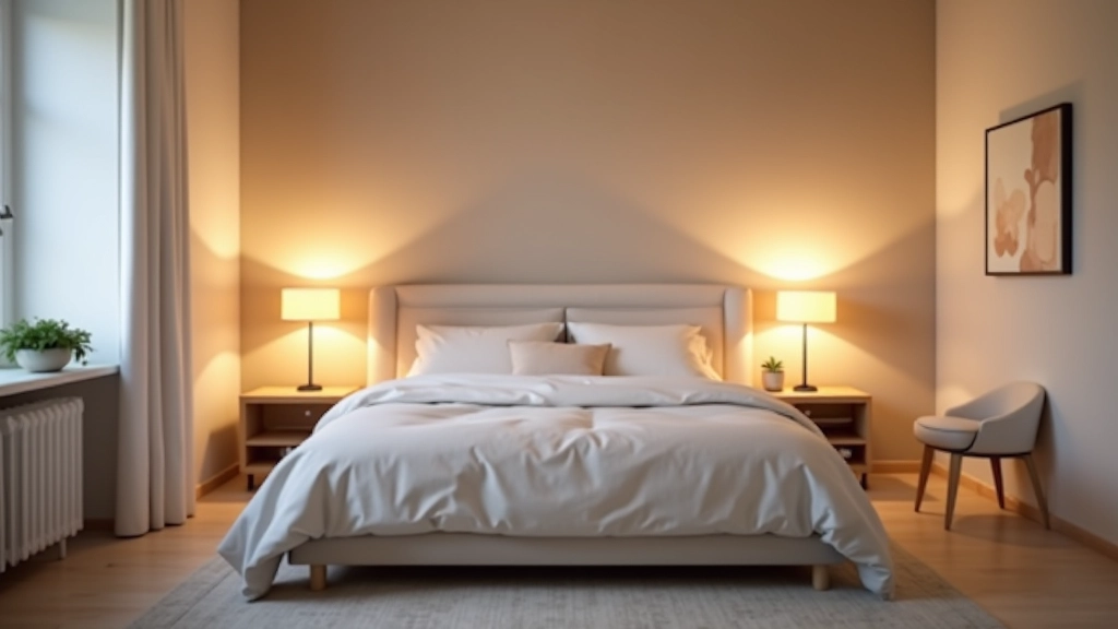 Bedroom corner in open-plan space with bed positioned against wall, soft warm lighting from bedside lamps, separated from living area by furniture arrangement