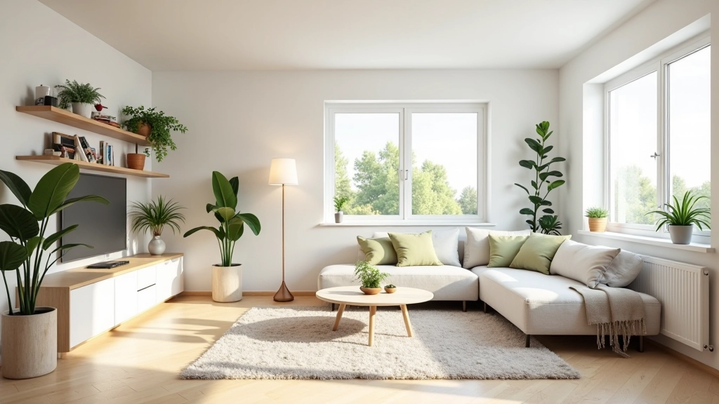 Organized living room with functional zones and minimal clutter