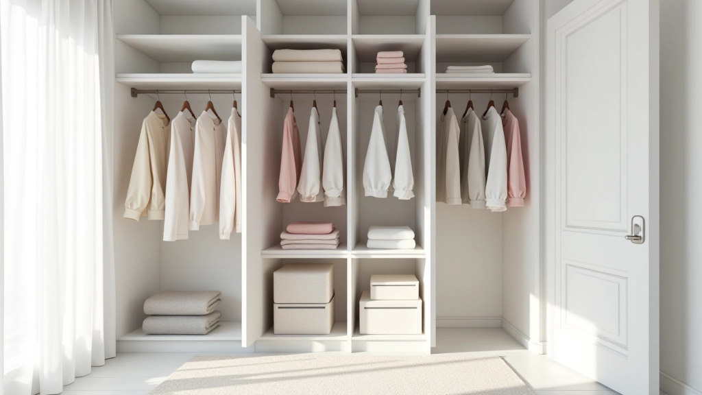 Neat bedroom closet with organized clothing hanging and folded neatly on shelves after successful decluttering