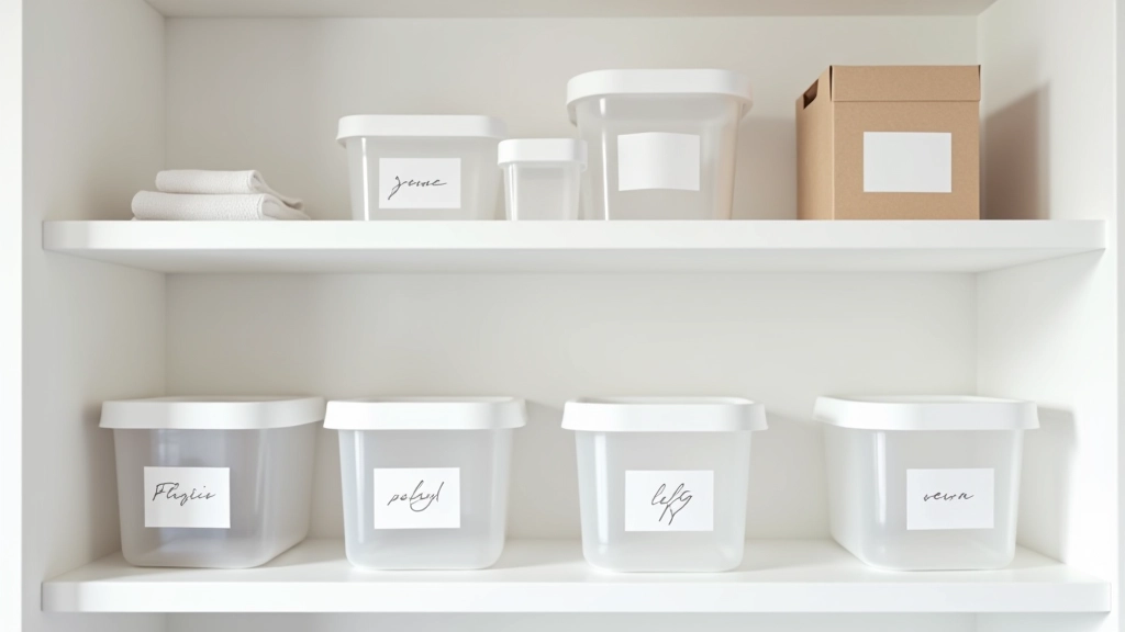 Neatly arranged storage boxes and containers with handwritten labels on shelves
