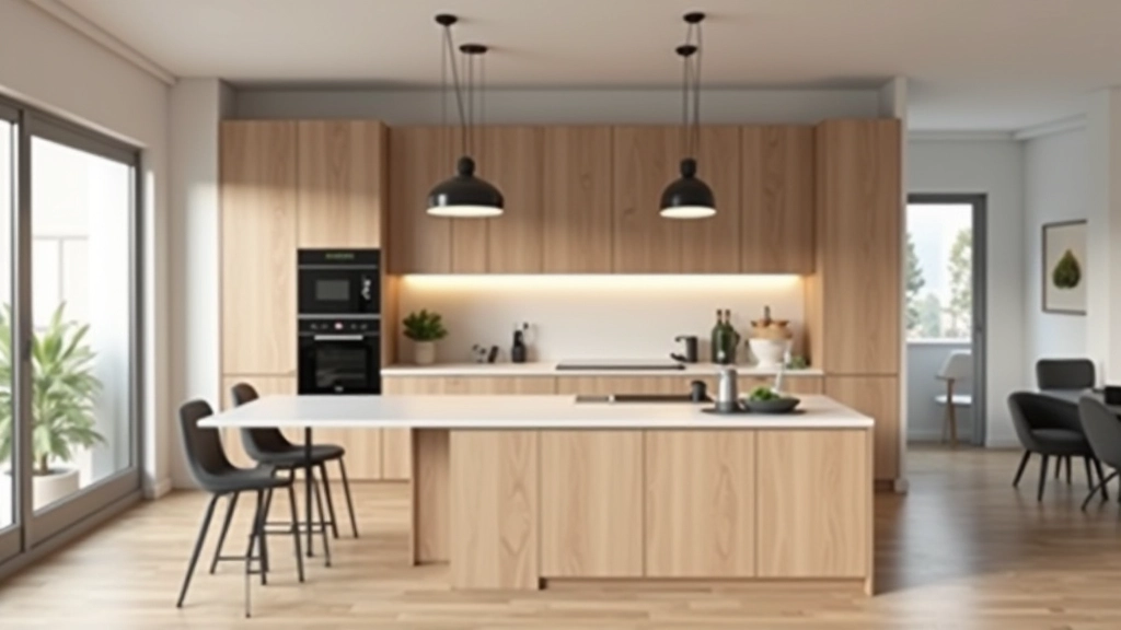 Kitchen zone in open-plan apartment defined by lower counters and overhead lighting, clearly separated from living space with pendant lights