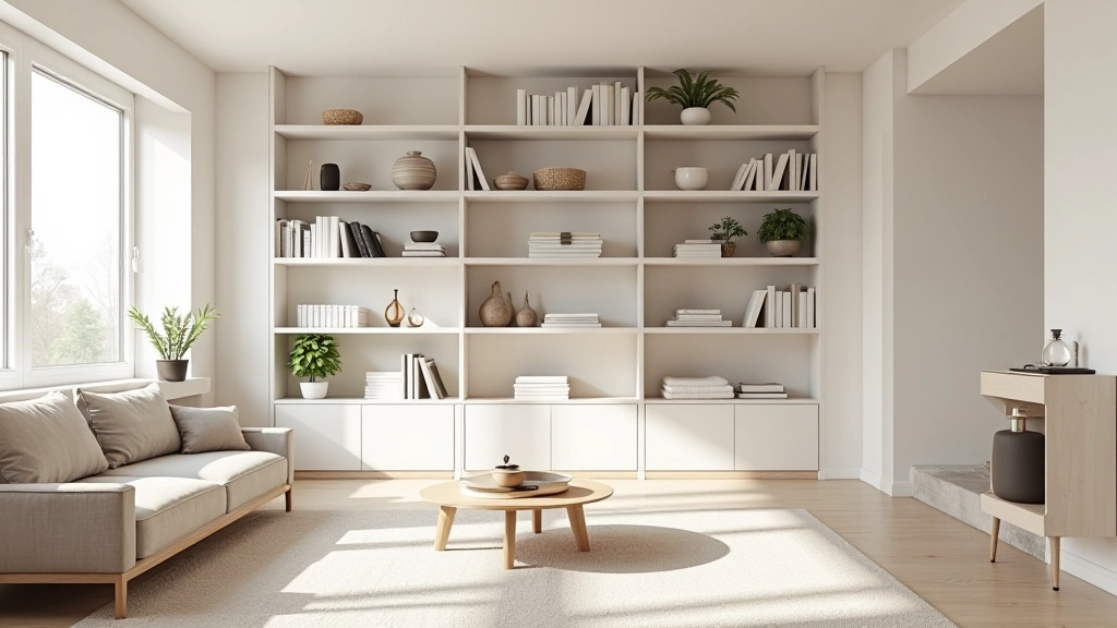 Modern organized living room with minimalist furniture arrangement and clean storage solutions