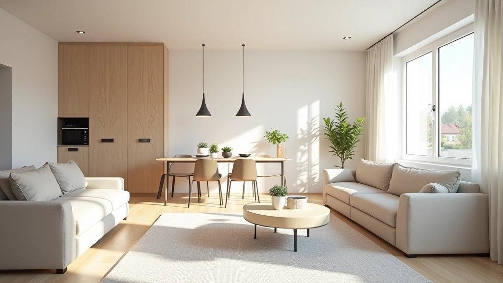 Open-plan apartment with distinct zones marked by different furniture heights and lighting levels, living room and dining area separated visually