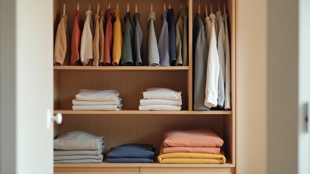 Organized closet with folded clothes neatly arranged on shelves and hanging items by color