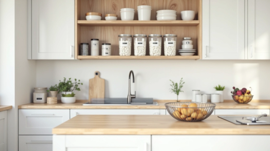 Kitchen storage system with labeled containers, open shelving, and organized pantry items clearly visible and accessible
