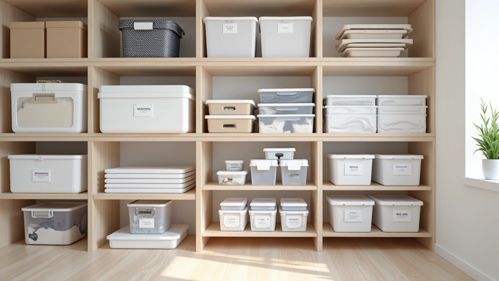 Organized storage shelves with labeled boxes, vacuum-sealed bags, and clearly sorted items by category