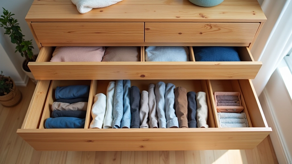 Organized dresser with different clothing categories separated into compartments and storage boxes