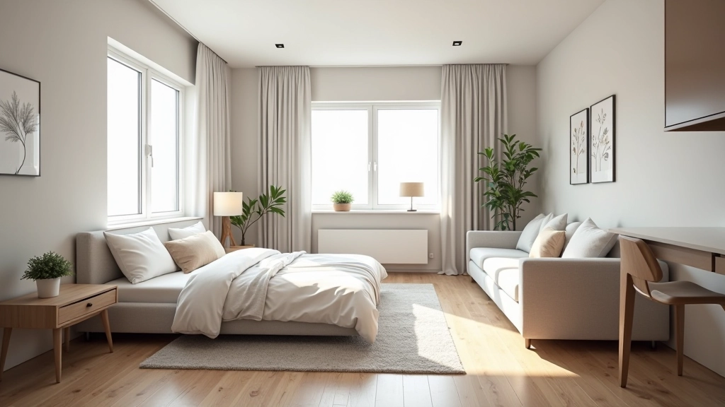 Small apartment layout diagram showing three distinct zones: kitchen with counter, living room with sofa and rug, and bedroom corner with bed against wall