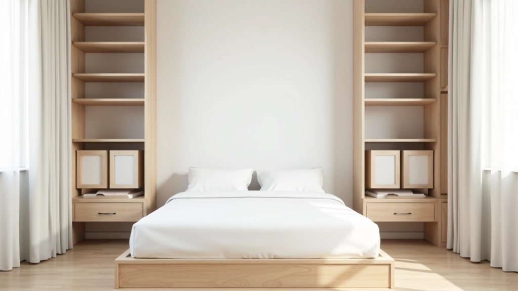 Small bedroom with bed framed by floor-to-ceiling shelving units on both sides, maximizing vertical storage