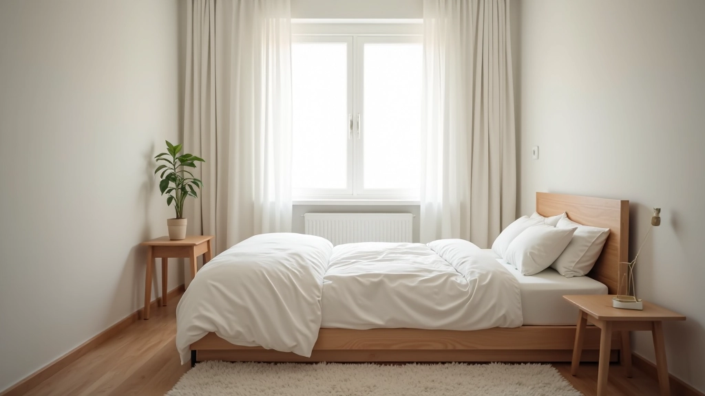 Bedroom with bed positioned against short wall, leaving long walls free for furniture and storage