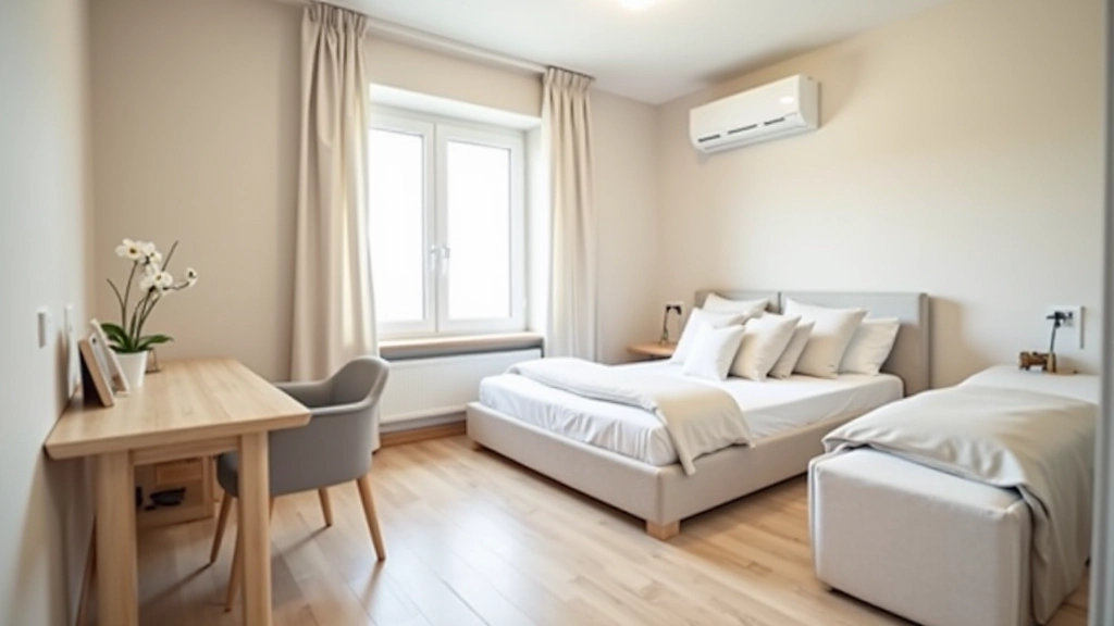 Compact bedroom with bed, work desk, and separate seating area clearly defined and organized