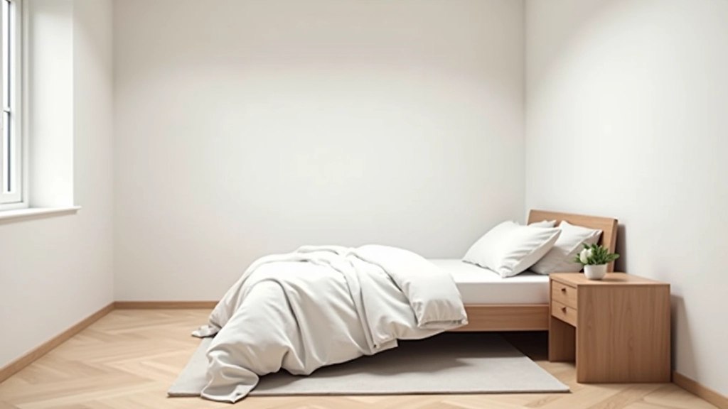 Bedroom featuring bed positioned diagonally in corner with floating nightstand and open floor space in center