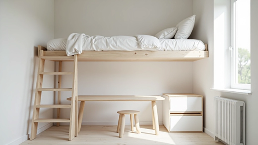 Small bedroom with elevated loft bed and workspace underneath, efficient vertical space usage