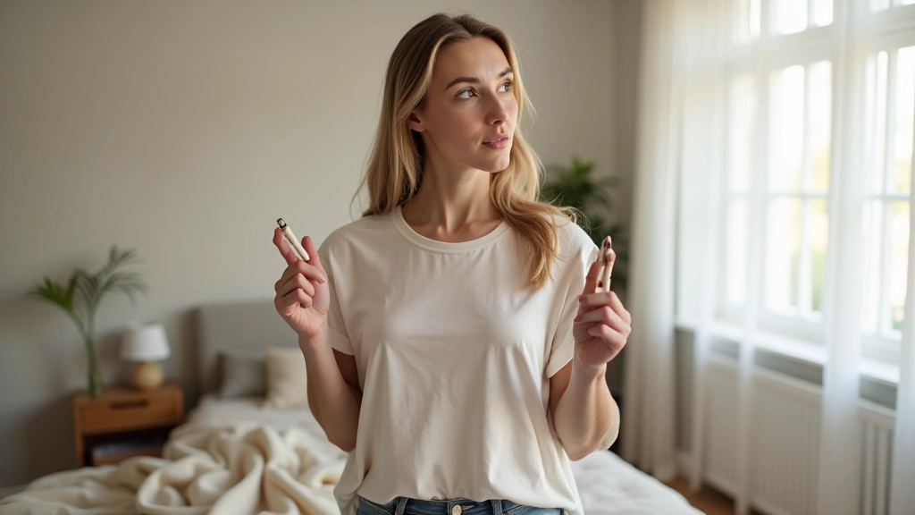 Woman holding clothing items in hands, evaluating them for the spark joy test during decluttering process