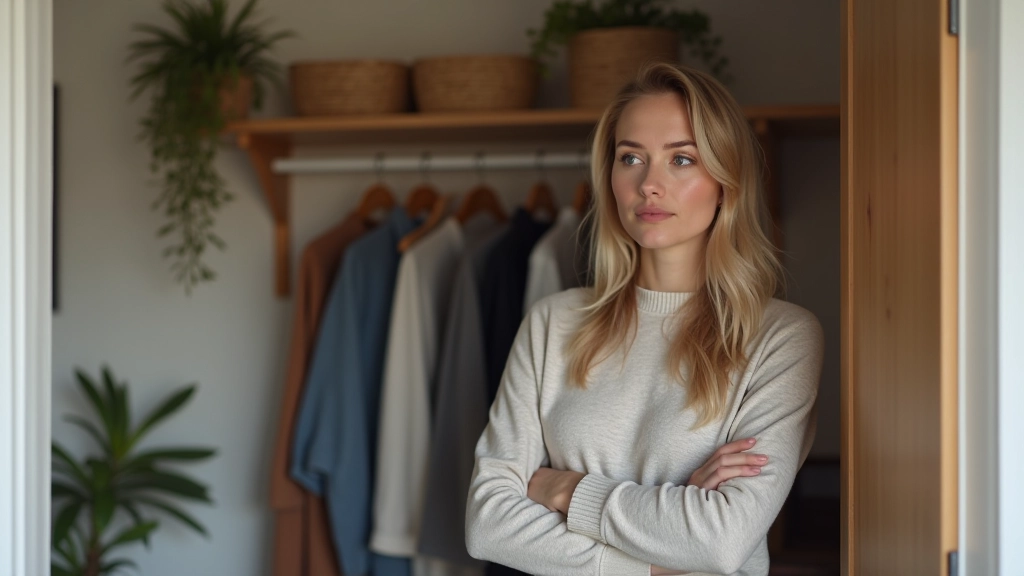 Woman examining clothing items while organizing a closet with hanging rods and storage solutions